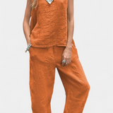 Elegante Conjunto de Chaleco y Pantalón Sin Mangas en Algodón y Lino para un Estilo Fresco y Confortable