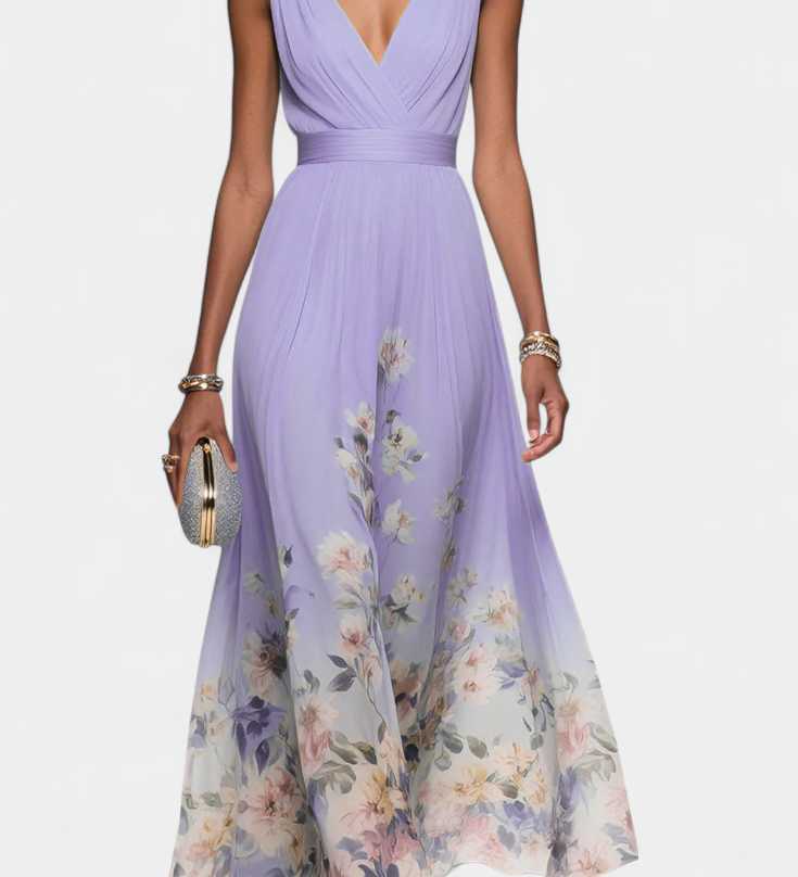 Vestido Maxi Floral Sin Mangas Sauline con Elegante Escote en V