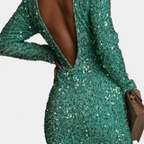 Elegante vestido largo de fiesta Adèle con espalda descubierta y brillante para ocasiones invernales