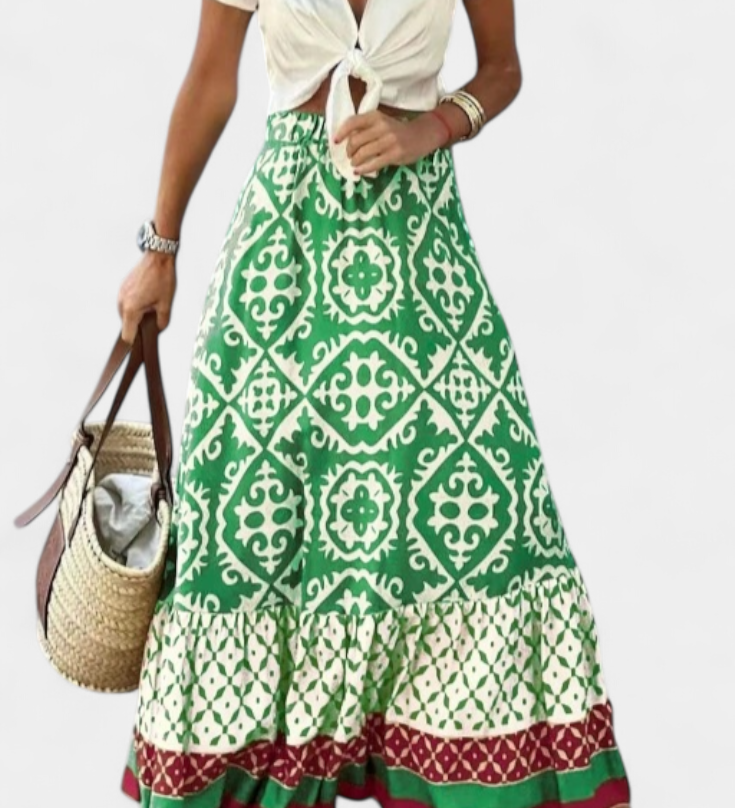Elegante Falda Maxi Ethel Estampada con Detalle Volante