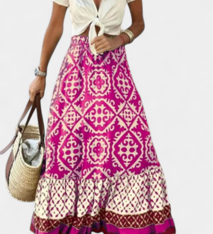 Elegante Falda Maxi Ethel Estampada con Detalle Volante