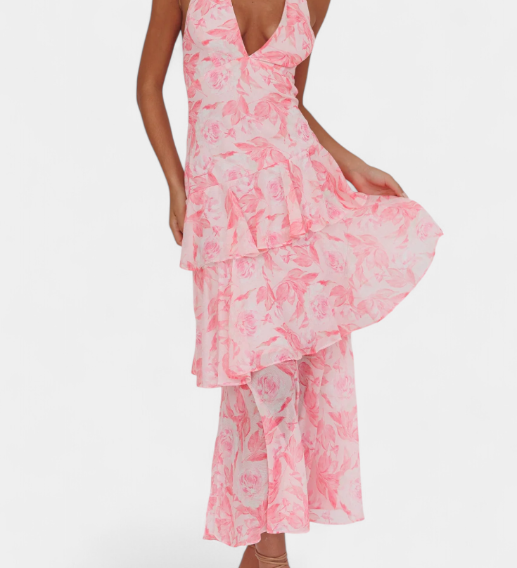 Domenica Elegante Vestido de Gasa con Escote en V y Capas Fluidas para un Look Sofisticado