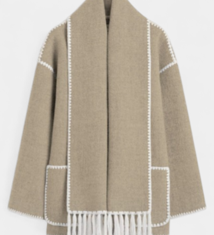 Pauline - Elegante abrigo de corte suelto con bufanda de flecos incorporada para un estilo sofisticado