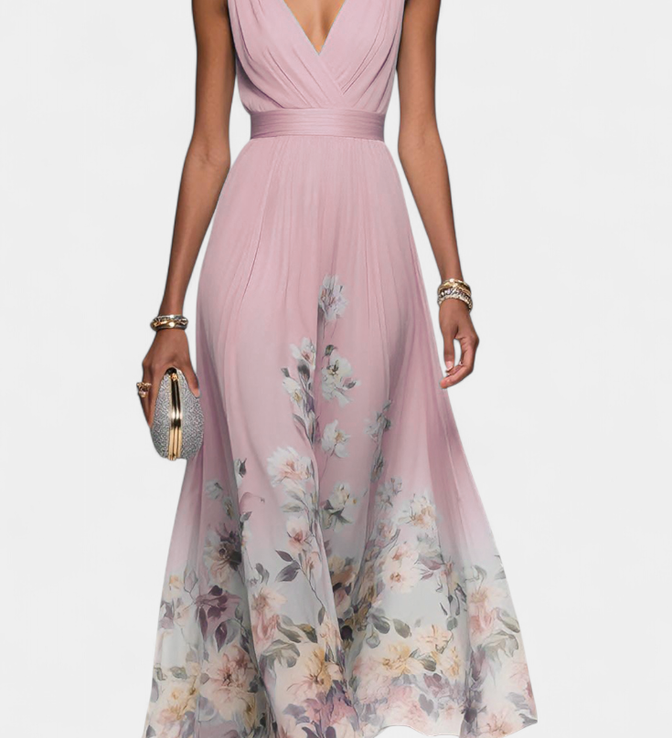 Vestido Maxi Floral Sin Mangas Sauline con Elegante Escote en V