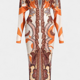 Elegante Vestido Largo Diva con Floral Estampado, Encantador Escote en V y Detallada Abertura Lateral