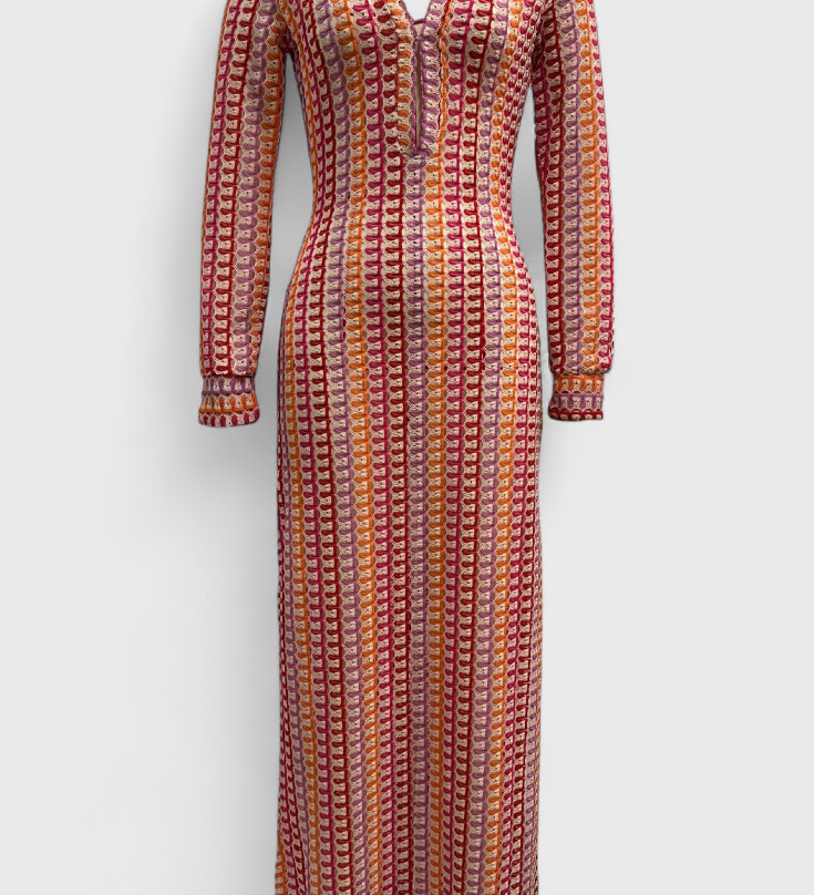 Crisanta Vestido Largo Estampado con Ondas Multicolores y Manga Larga - Elegancia y Estilo en Cada Paso