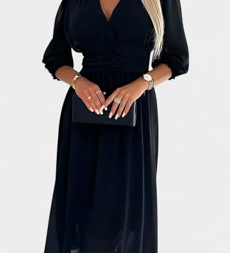Dorina Vestido Midi Elegante con Escote en V y Mangas Ligeras para un Look Sofisticado