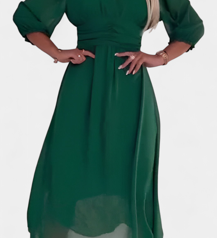 Dorina Vestido Midi Elegante con Escote en V y Mangas Ligeras para un Look Sofisticado