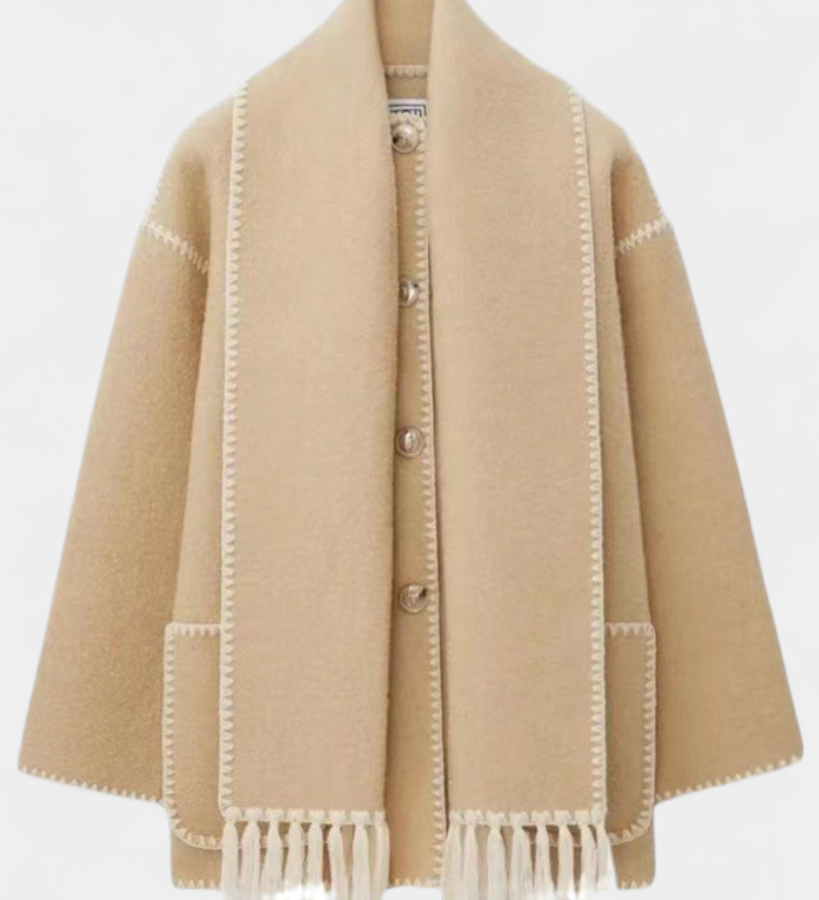 Pauline - Elegante abrigo de corte suelto con bufanda de flecos incorporada para un estilo sofisticado