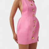 Yvonne Vestido Mini Halter con Escote en V, Espalda Abierta y Encantador Detalle Floral