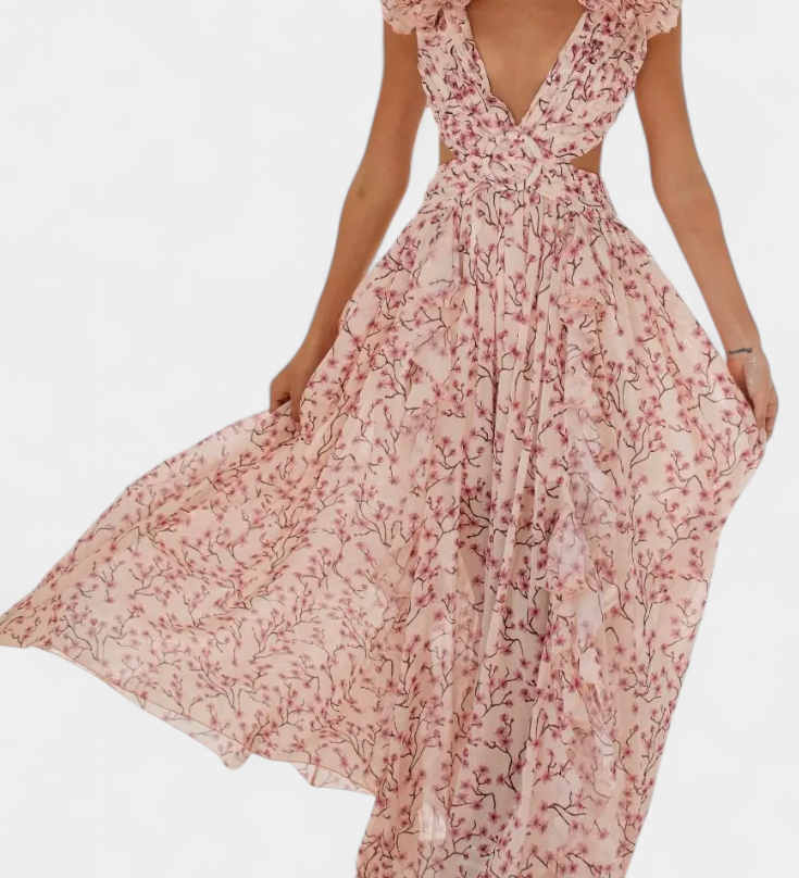 Elegante vestido de chifón Zuleika con volantes y aperturas laterales para un estilo sofisticado
