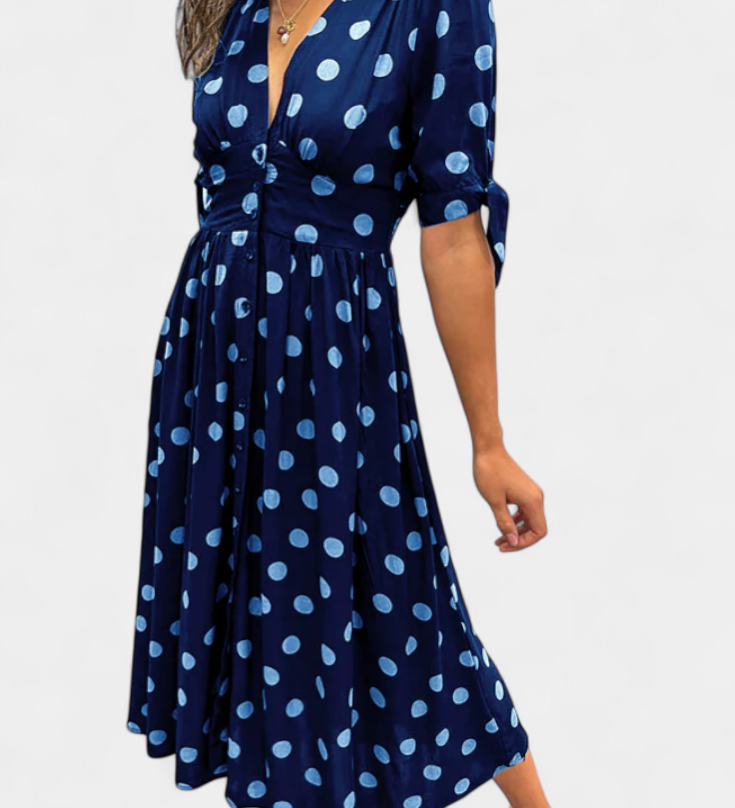 Lizzie Vestido Midi de Lunares con Elegante Escote en V Profundo