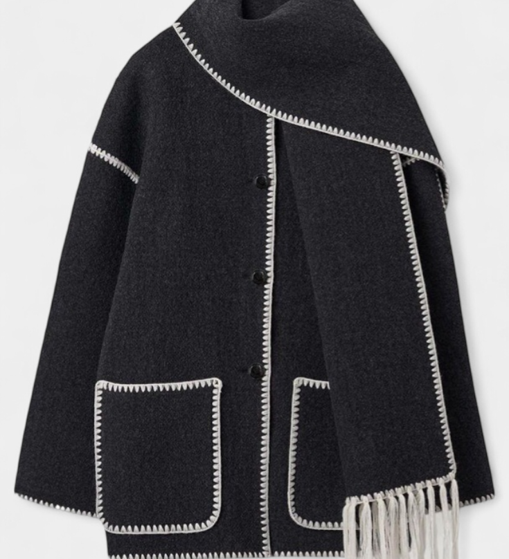 Pauline - Elegante abrigo de corte suelto con bufanda de flecos incorporada para un estilo sofisticado