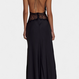 Elegante Vestido Largo Ashanty con Escote Halter y Detalles de Encaje Transparente en la Cintura