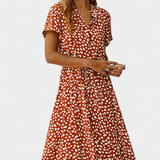 Rovena Vestido Midi de Lunares con Cuello Camisero y Cintura Ajustable - Elegancia y Comodidad para Cualquier Ocasión