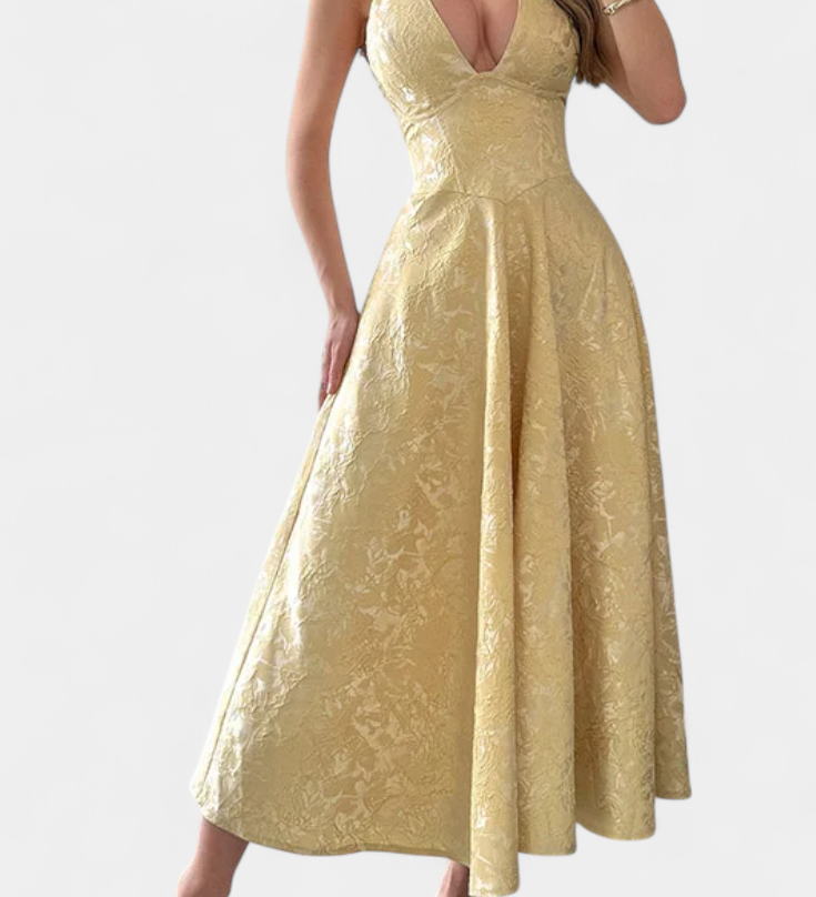 Elegante vestido midi Jacquard Gilda con espalda abierta y cintura alta