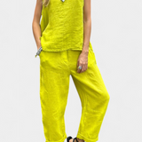 Elegante Conjunto de Chaleco y Pantalón Sin Mangas en Algodón y Lino para un Estilo Fresco y Confortable