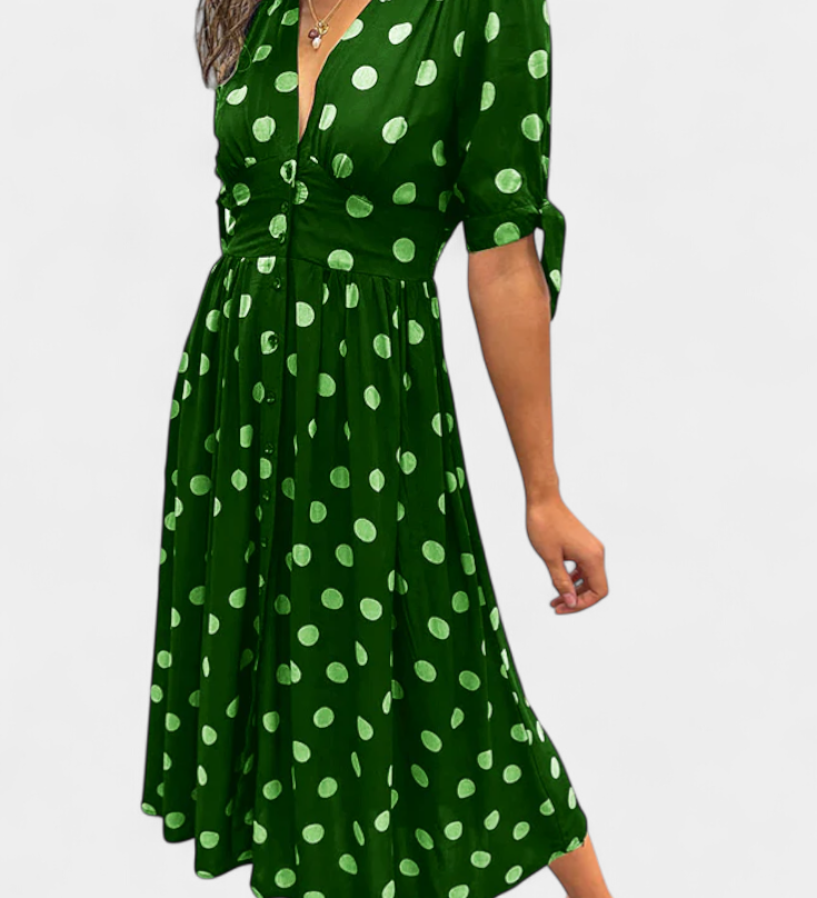 Lizzie Vestido Midi de Lunares con Elegante Escote en V Profundo
