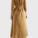 Vestido Midi Vintage Sharon en Algodón y Lino con Elegante Cuello de Solapa