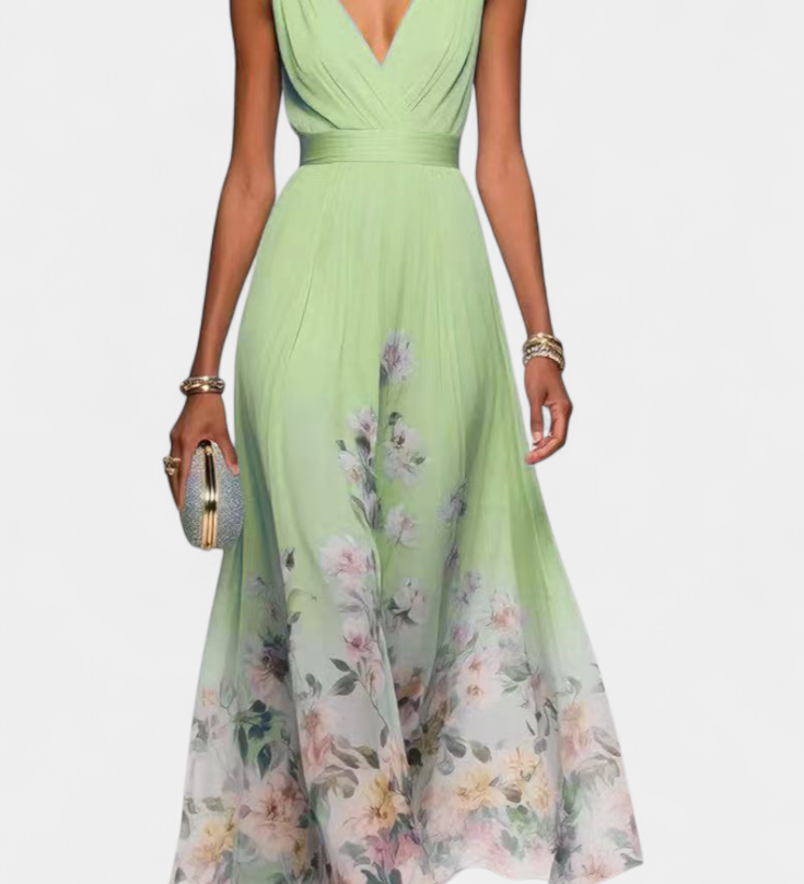 Vestido Maxi Floral Sin Mangas Sauline con Elegante Escote en V