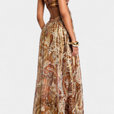 Vestido Maxi Tasha Halter con Espalda Descubierta y Elegantes Detalles Huecos