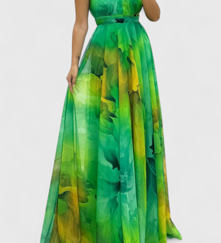 Caprice Vestido Maxi de Gasa con Encanto Floral y Cuello Halter para un Look Sofisticado