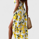 Huda Vestido Maxi con Estampado de Limones, Tirantes y Detalle de Abertura Lateral