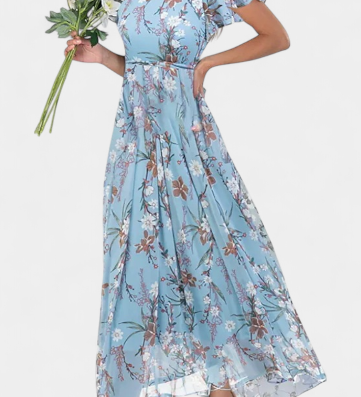 Elegante vestido maxi floral con escote en V y mangas aladas para un look sofisticado