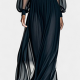 Elegante vestido maxi de gasa plisada con transparencias para ocasiones especiales