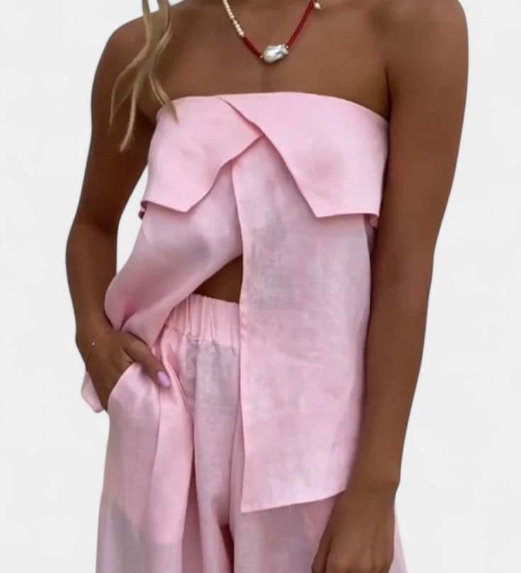 Conjunto Oriana sin Espalda con Falda Abotonada en Color Sólido para un Estilo Elegante