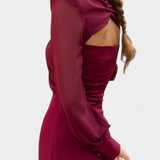 Julissa Vestido Midi Burdeos con Elegante Detalle Anudado y Encantadora Espalda Abierta