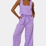 Elegante conjunto de lino de dos piezas Pascuala con blusa sin mangas y pantalón fluido para un estilo cómodo y sofisticado