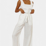 Elegante conjunto de lino de dos piezas Pascuala con blusa sin mangas y pantalón fluido para un estilo cómodo y sofisticado