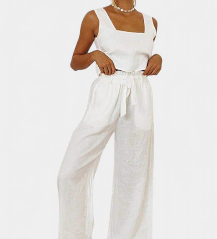 Elegante conjunto de lino de dos piezas Pascuala con blusa sin mangas y pantalón fluido para un estilo cómodo y sofisticado