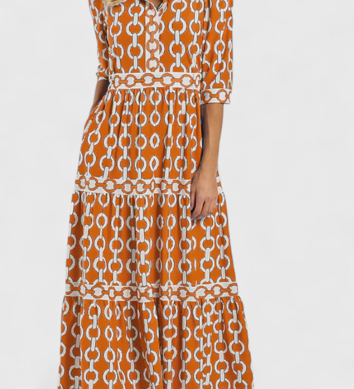 Casilda – Elegante Vestido Midi con Estampado de Cadenas para un Estilo Sofisticado