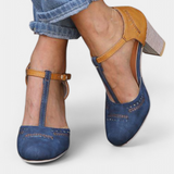 Elegantes Tacones de Bloque con Correa en T y Detalle Perforado para un Estilo Moderno