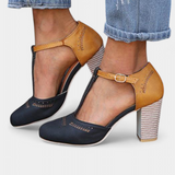 Elegantes Tacones de Bloque con Correa en T y Detalle Perforado para un Estilo Moderno