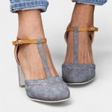 Elegantes Tacones de Bloque con Correa en T y Detalle Perforado para un Estilo Moderno