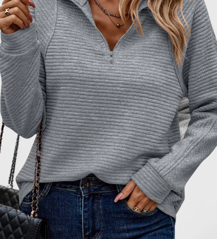 Elegante Jersey Helene de Cuello en V con Cremallera y Manga Larga para un look sofisticado