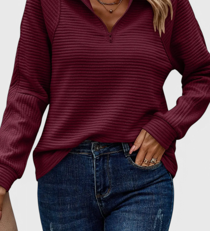 Elegante Jersey Helene de Cuello en V con Cremallera y Manga Larga para un look sofisticado