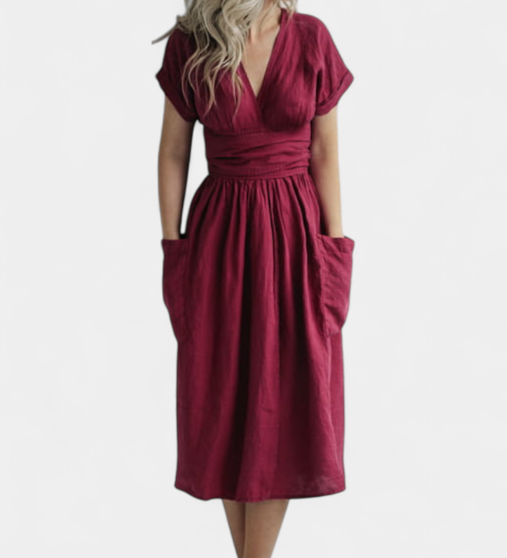 Cressida Elegante Vestido de Algodón con Escote en V y Cintura Ajustable para un Ajuste Perfecto