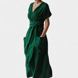 Cressida Elegante Vestido de Algodón con Escote en V y Cintura Ajustable para un Ajuste Perfecto