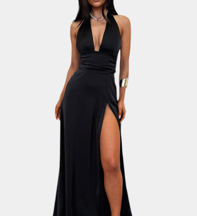 Elegante vestido Latisha con cuello halter ydetalle de gran abertura para un estilo seductor