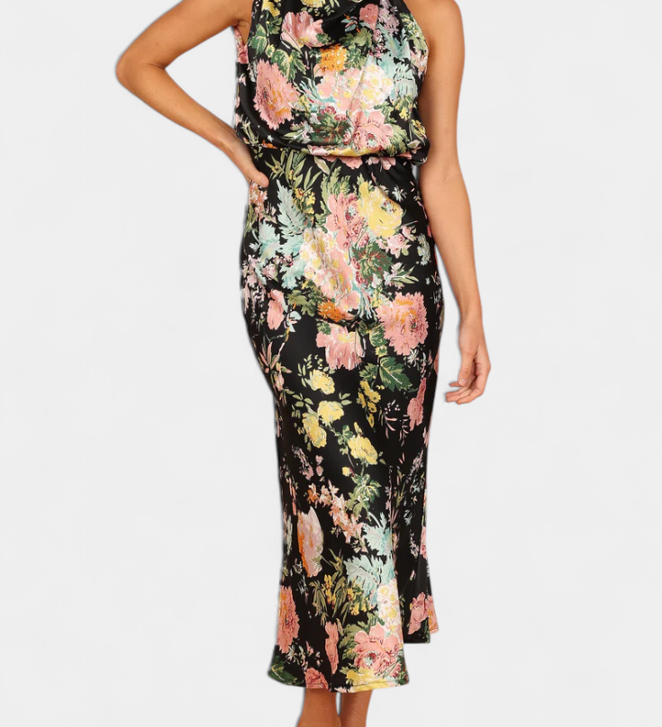 Elegante vestido maxi floral Lisa con escote halter y cinturilla elástica