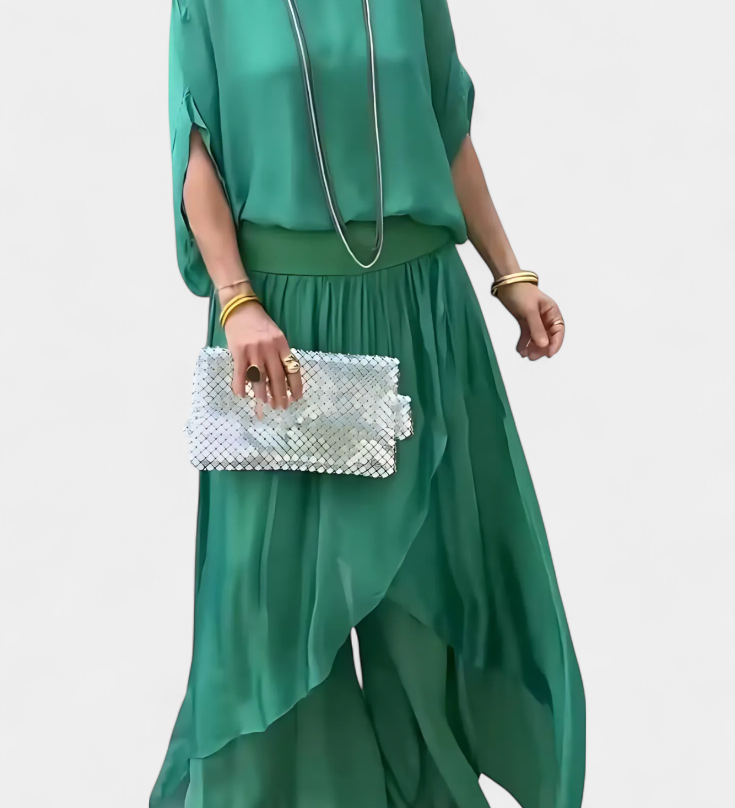 Elegante Conjunto de Dos Piezas con Top Holgado y Falda Asimétrica - La Perfecta Combinación de Estilo y Comodidad