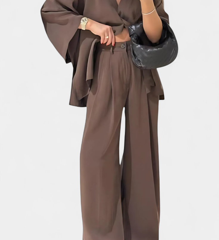 Eli Conjunto Oversize Moderno con Top de Cuello en V y Pantalón Recto para un Estilo Casual y Elegante
