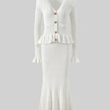 Elegante Conjunto de Vestido Midi de Punto Refinado con Top de Botones