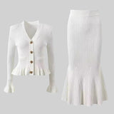 Elegante Conjunto de Vestido Midi de Punto Refinado con Top de Botones