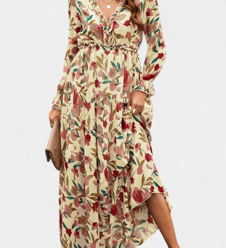 Keti Vestido Maxi Floral con Mangas Largas y Detalles de Volantes Elegantes